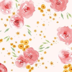 Watercolor pink roses and yellow flowers 