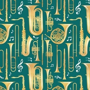 Small scale // Give me some music // solid pine green background gold textured musical instruments white music notes