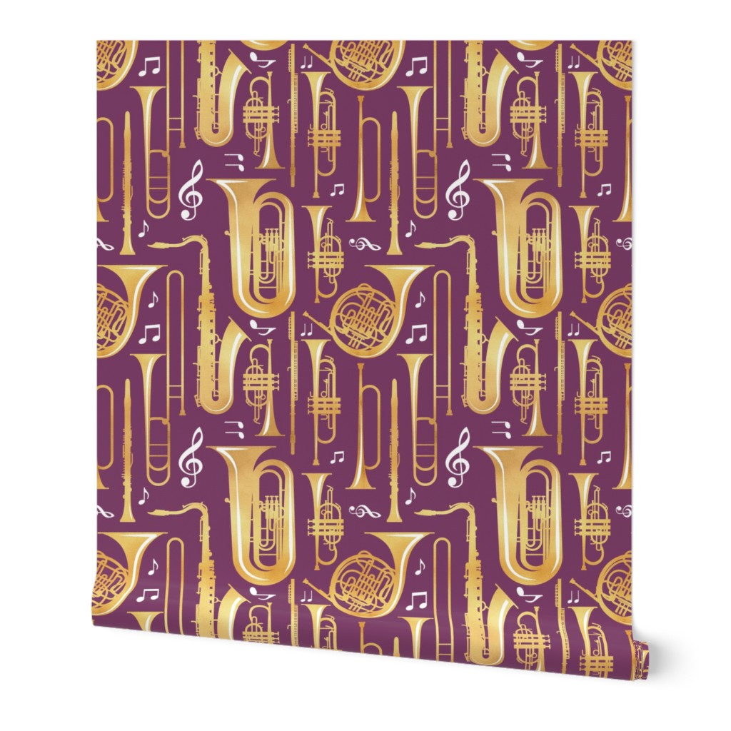 Small scale // Give me some music // solid cosmic purple beet background gold textured musical instruments white music notes