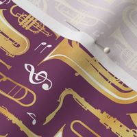 Small scale // Give me some music // solid cosmic purple beet background gold textured musical instruments white music notes