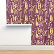 Small scale // Give me some music // solid cosmic purple beet background gold textured musical instruments white music notes