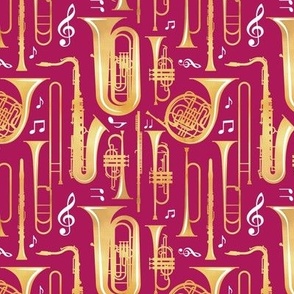 Small scale // Give me some music // solid jazzberry jam pink background gold textured musical instruments white music notes