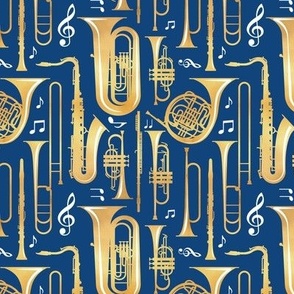 Small scale // Give me some music // solid classic blue background gold textured musical instruments white music notes