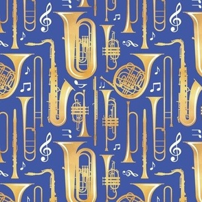 Small scale // Give me some music // solid electric blue background gold textured musical instruments white music notes