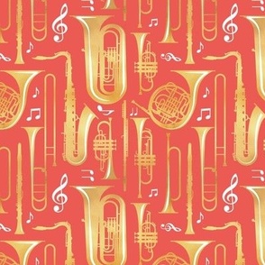 Small scale // Give me some music // solid coral background gold textured musical instruments white music notes
