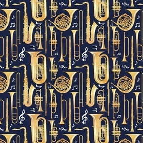 Tiny scale // Give me some music // solid oxford navy blue background gold textured musical instruments white music notes