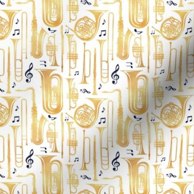 Tiny scale // Give me some music // solid white background gold textured musical instruments oxford navy blue music notes