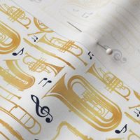 Tiny scale // Give me some music // solid white background gold textured musical instruments oxford navy blue music notes