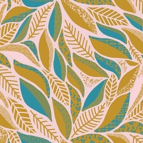 Leafy - Organic Mod Leaf Print - Joy Palette - Light Pink Gold Teal