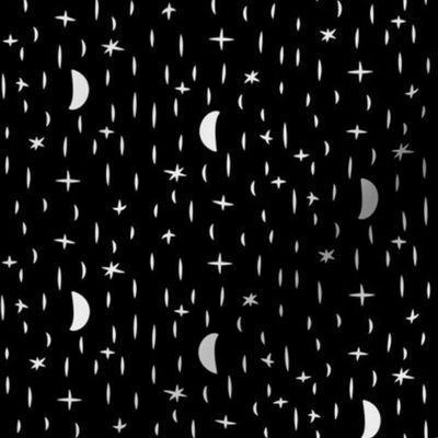 small - boho moon and stars in white on black