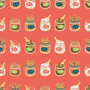 Jars with Hot Chocolate Sweets Pattern on Salmon Pink background