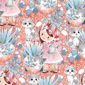 Cute Cat Cottage Girl - peachy coral pink 