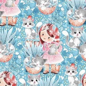 Cute Cat Cottage Girl - bright sky blue 