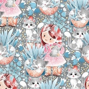 Cute Cat Cottage Girl - mid grey