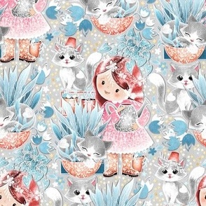 Cute Cat Cottage Girl - light grey 