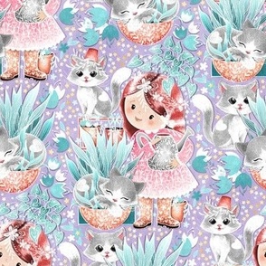 Cute Cat Cottage Girl - lavender and mint 