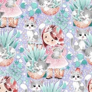 Cute Cat Cottage Girl - lilac purple and green 