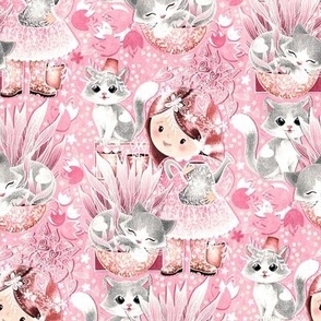 Cute Cat Cottage Girl - pink and white 