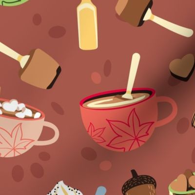 Hot Chocolate Cups and Jars on reddish brown background