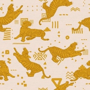 Tigers and Abstract Shapes in Ochre / Medium