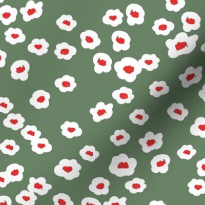 Little Scandinavian poppy flower boho blossom spring nursery white red on olive green