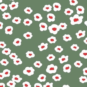 Little Scandinavian poppy flower boho blossom spring nursery white red on olive green