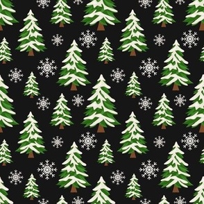 snowy pine trees on black