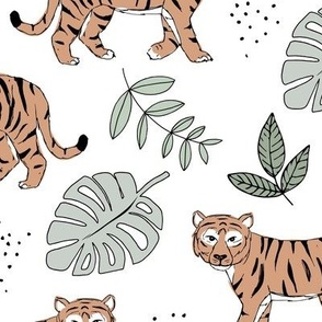 Tropical garden and tigers kids wild animals nursery design  caramel green sage on white LARGE