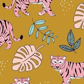 Tropical garden and tigers kids wild animals nursery design ochre yellow pink green LARGE