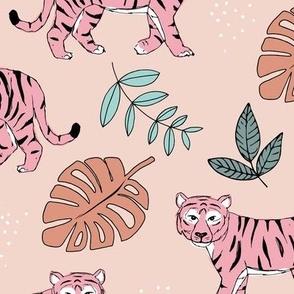 Tropical garden and tigers kids wild animals nursery design blush pink peach LARGE