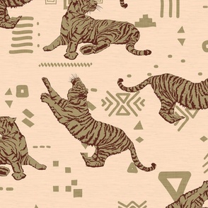 Tigers and Abstract Shapes in Khaki / Large