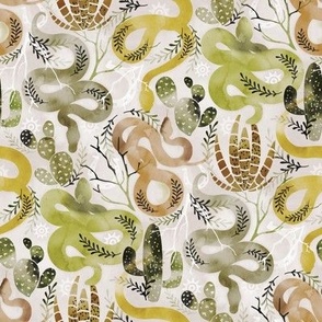 Wild and Sandy Snakes with Cacti - vivid green, yellow, taupe