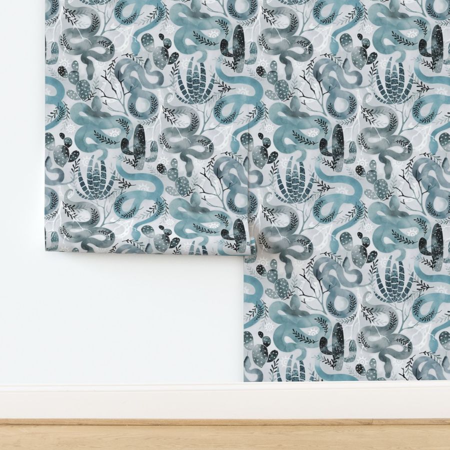 Wild and Sandy Snakes with Cacti - teal blue monochrome 