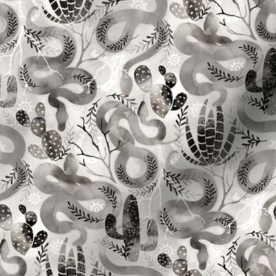 Wild and Sandy Snakes with Cacti - black and white 