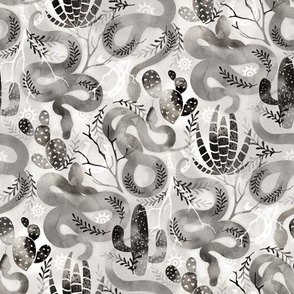 Wild and Sandy Snakes with Cacti - black and white 