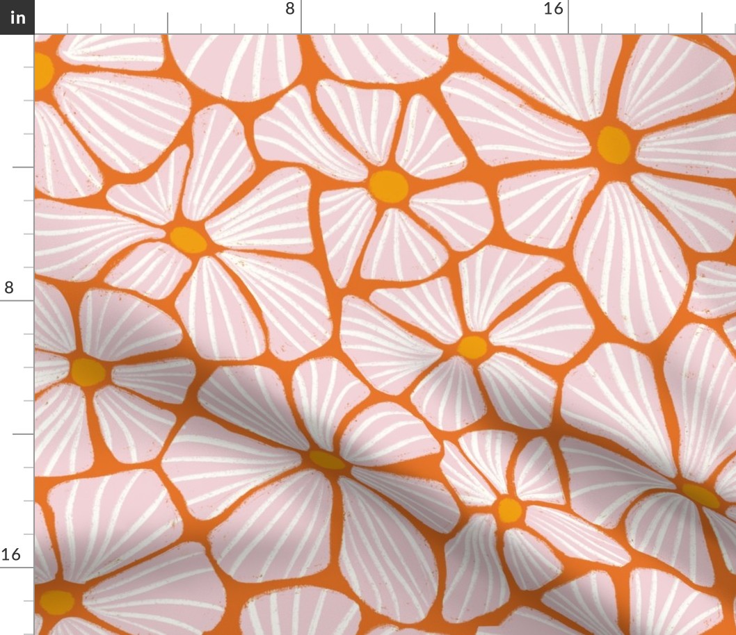 Orange Mosaic Flowers: Floral Seamless Pattern Mosaic Art Retro Dense Modern Abstract Line Art - L
