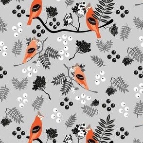 Bohemian waxwing birds with rowan berries branches and leaves in_apricot black white on grey_10inch
