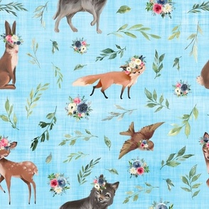 animals pink blue floral blue linen