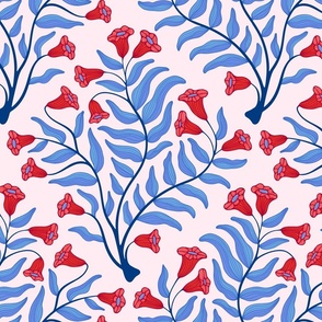 Trumpet Flower Floral Botanical Cottage Damask in Vintage Red Pink Blue - MEDIUM Scale - UnBlink Studio by Jackie Tahara