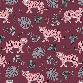 Tropical garden and tigers kids wild animals nursery design  burgundy pink sage green