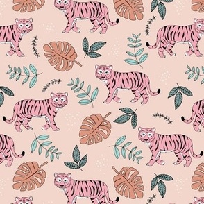 Tropical garden and tigers kids wild animals nursery design blush pink peach