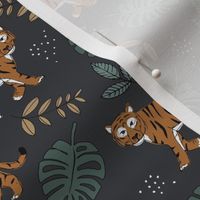 Tropical garden and tigers kids wild animals nursery design caramel rust on deep charcoal gray green