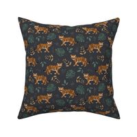 Tropical garden and tigers kids wild animals nursery design caramel rust on deep charcoal gray green