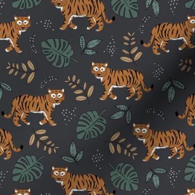 Tropical garden and tigers kids wild animals nursery design caramel rust on deep charcoal gray green