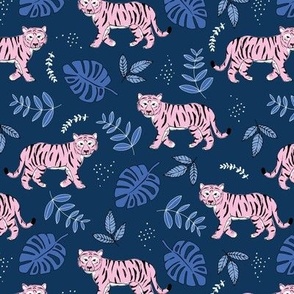 Tropical garden and tigers kids wild animals nursery design pink eclectic blue navy girls