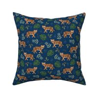 Tropical garden and tigers kids wild animals nursery design burnt orange green on navy blue 