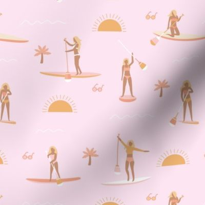 Sunshine day caucasian girls peddle boards trip tropical kayaking adventures island waves summer vibes print vintage soft blush pink 