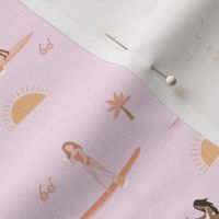 Sunshine day girlfriends girls peddle boards trip tropical kayaking adventures island waves summer vibes print soft pink 