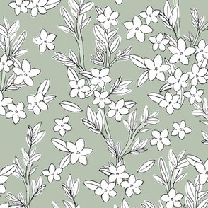 Romantic messy english garden leaves branches and flower blossom nursery mist sage green white