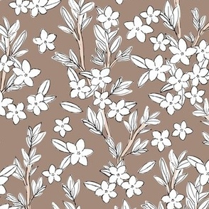 Romantic messy english garden leaves branches and flower blossom nursery hazelnut brown white